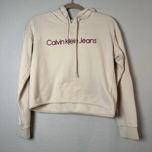 Calvin Klein Jeans Hoodie‎ Women's Size Small Cream Cropped Sweatshirt